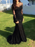Black Long Sleeves Lace Applique Mermaid Tulle Prom Dresses LBQ1966